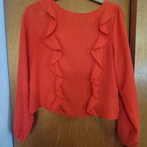 Divided Red Ruffle Front Long-Sleeve Blouse